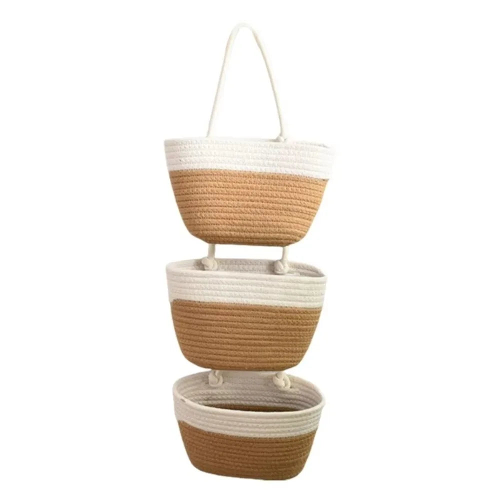 3-Layer Wall Hanging Storage Basket Handwoven No-Punch Hanging Storage Pouches Multipurpose Wall Mounted Organizer