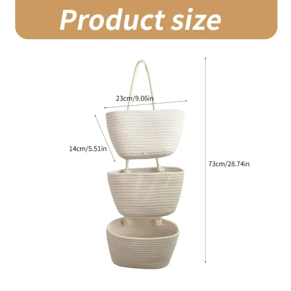 3-Layer Wall Hanging Storage Basket Handwoven No-Punch Hanging Storage Pouches Multipurpose Wall Mounted Organizer