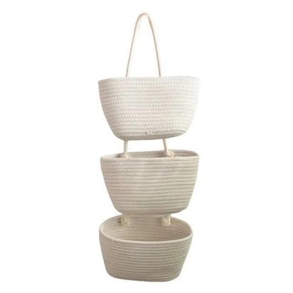 3-Layer Wall Hanging Storage Basket Handwoven No-Punch Hanging Storage Pouches Multipurpose Wall Mounted Organizer