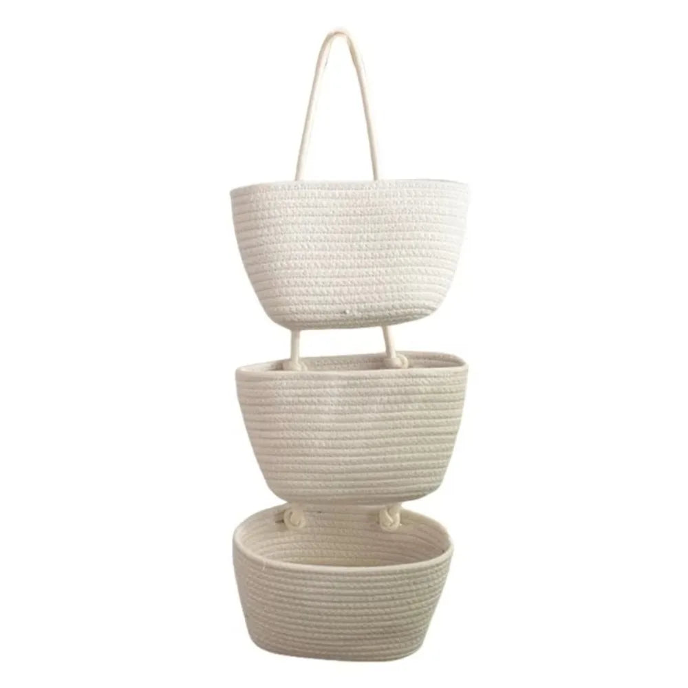 3-Layer Wall Hanging Storage Basket Handwoven No-Punch Hanging Storage Pouches Multipurpose Wall Mounted Organizer