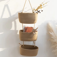 3-Layer Wall Hanging Storage Basket Handwoven No-Punch Hanging Storage Pouches Multipurpose Wall Mounted Organizer