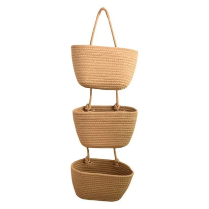 3-Layer Wall Hanging Storage Basket Handwoven No-Punch Hanging Storage Pouches Multipurpose Wall Mounted Organizer